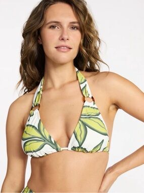 NWT - Green Leaf Print Halter Bikini Top - Women Swim